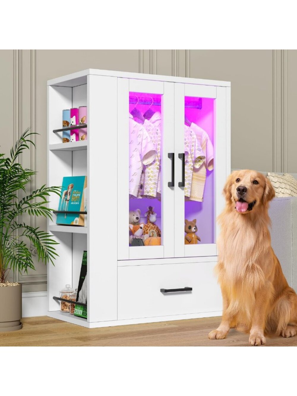 Multi-Functional Pet Closet with LED Light, Storage Shelves & Drawer for Dogs